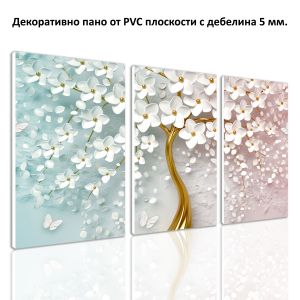 9268 Абстрактно дърво - пано от 3 картини с бели цветове и златни акценти