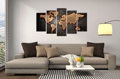 Wall art panels decoration 5 pices ancient map in brown