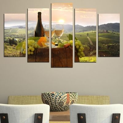 0481 Wall art decoration (set of 5 pieces) Landscape with white wine and grapes