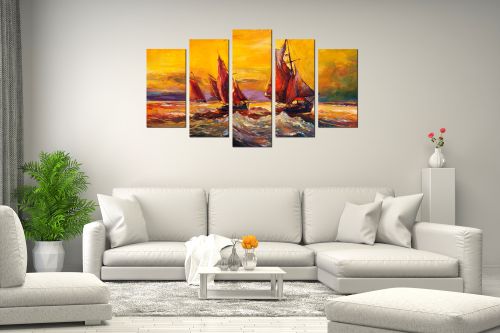  Art canvas decoration - reproduction sea landscape boats yellow and red