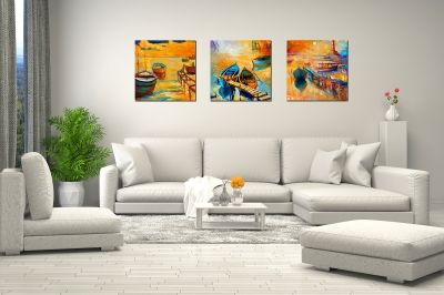 Set of 3 painting for wall decoration Boats sea landscape blue, orange, yellow