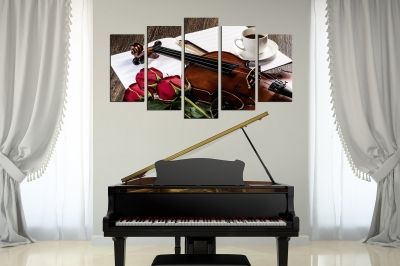 Декорация от 5 картини за стена с композиция с рози и цигулка