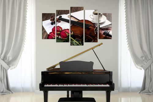 romantic composition with red roses and violin canvas wall art 5 pieces