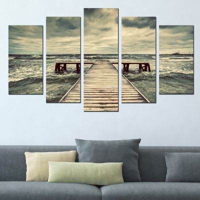 Картина от 5 части с морски пейзаж с кей в сиво