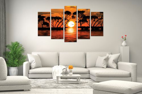 Canvas fine art decoration with sea landscape and sunset in orange