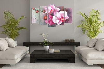 Декоративно пано за стена от 5 части с красиви орхидеи
