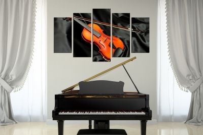 Декорация от 5 картини за стена с цигулка на черен фон