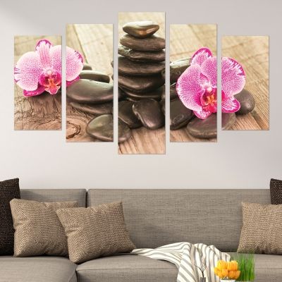 0582 Wall art decoration (set of 5 pieces) Orchids and stones on wooden background