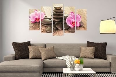 Спа картина от 5 части - камъни и орхидеи кафяво