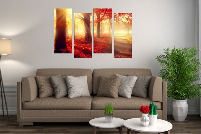 Картина от 5 части с красив есенен пейзаж в червено