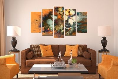 Painting canvas wall art with art flowers on orange