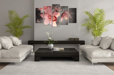 Zen canvas art composition with orchids and butterflies pink and grey