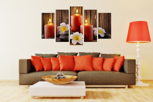 Zen canvas art composition with orchids and stones brown background and orange