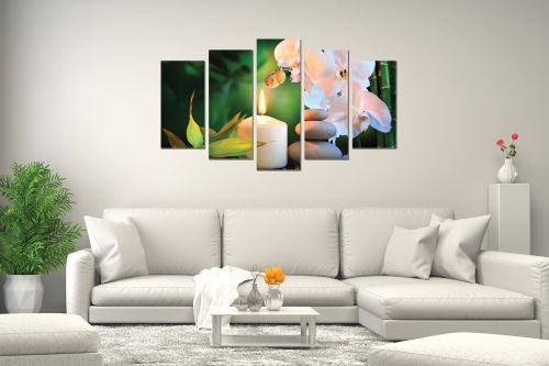 0620  Wall art decoration (set of 5 pieces) White orchids on green background