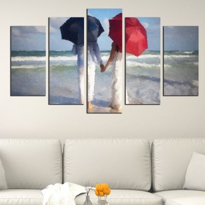 0622 Картина-пано от 5 части Влюбена двойка на плажа