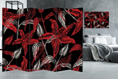 Canvas Room divider with print Flowers in red and black 