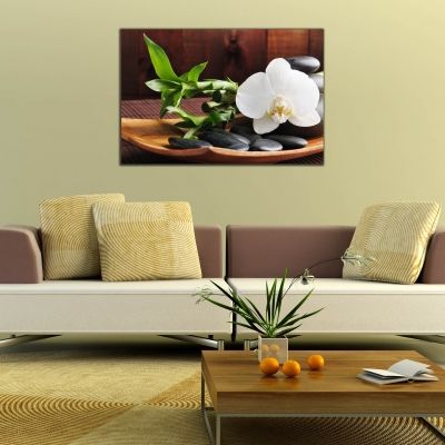 Картина цвете арт репродукцияс бяла орхидея на кафяв фон