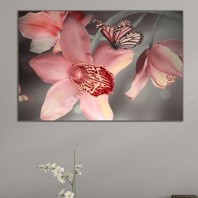 Картина за стена орхидеи и пеперуди, розово и сиво