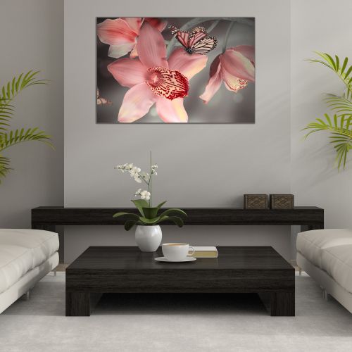 Canvas wall art  with orchids and butterflies in pink and grey