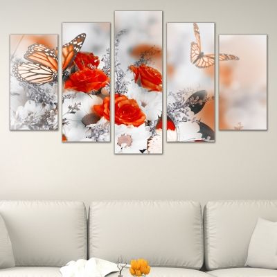 Картина за спалня с винтидж рози и пеперуди в оранжево