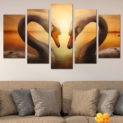 Картина от 5 части за стена влюбени Лебеди в кафяво