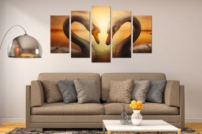 Декоративно пано за стена от 5 части влюбени Лебеди в кафяво за спалня