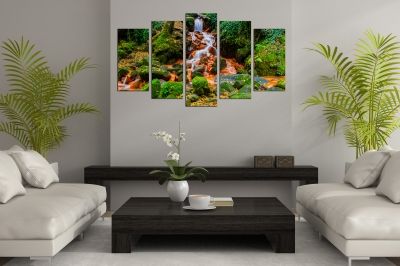 Пано от 5 картини Пейзаж с водопад оранжево и зелено