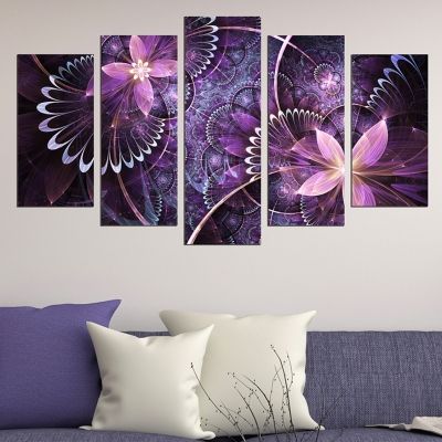 0645 Wall art decoration (set of 5 pieces) Purple abstract flowers 