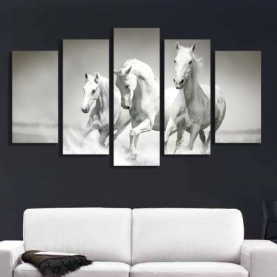 SALE0169 Картина-пано от 5 части Бели коне, Материал канава, Размер L (158x90 см.)