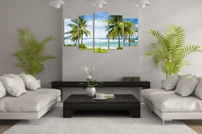 Декоративно пано от 5 картини с екзотичен плаж с палми