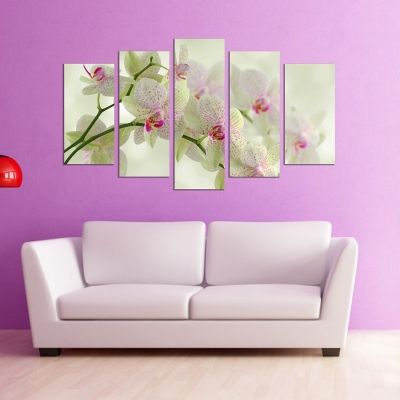 0093 Картина-пано от 5 части Бели орхидеи