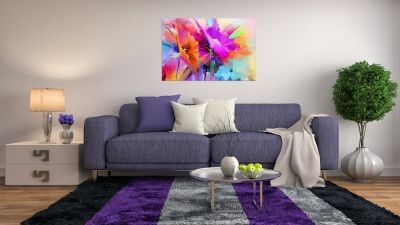 Картина репродукция абстрактни цветя оранжево, лилаво и синьо
