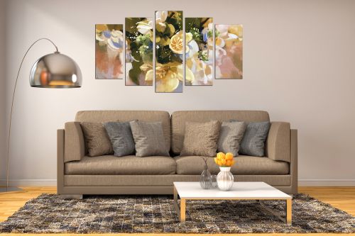 canvas print decoration with abstract flowers green, white, yellow