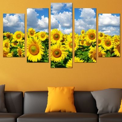 Картина от 5 части Слънчогледово поле - жълто, синьо, зелено
