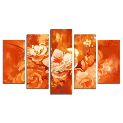 Картина пано от 5 части Арт цветя оранжево