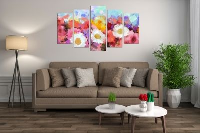 Декорация от 5 картини за стена с цветя в розово, жълто, синьо, бяло, лилаво