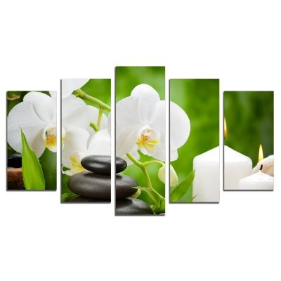 0146 Картина пано от 5 части Бели орхидеи на зелен фон