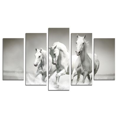 0169 Картина-пано от 5 части Бели коне