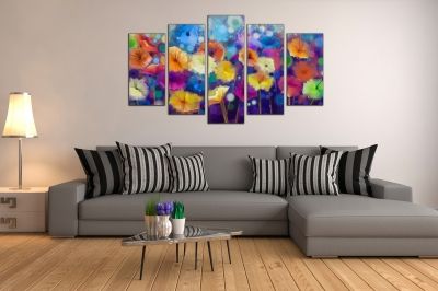 Декорация от 5 картини за стена с цветя в ярки цветове