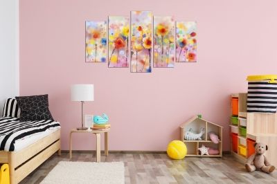 Декорация от 5 картини за стена с цветя в ярки цветове