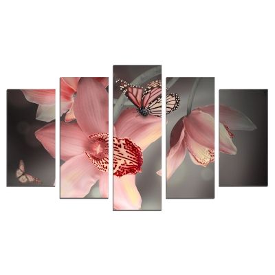 0612 Картина-пано от 5 части Орхидеи и пеперуди