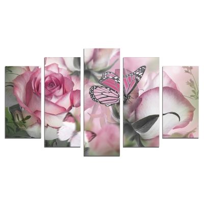 0630 Картина-пано от 5 части Рози и пеперуди