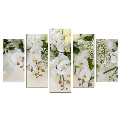 0663 Картина пано от 5 части Бели орхидеи