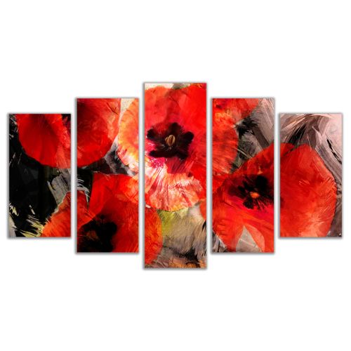 0291 Wall art decoration (set of 5 pieces) Abstract red flowers