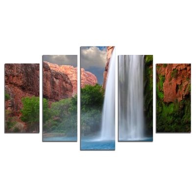 0521 Картина-пано от 5 части Пейзаж с водопад