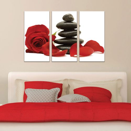 Zen wall art set with red rose and stones