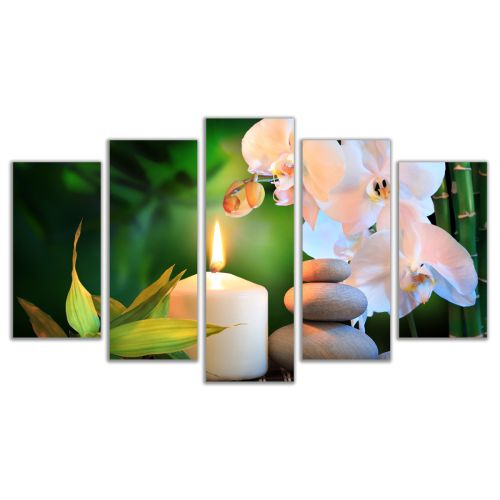 0620  Wall art decoration (set of 5 pieces) White orchids on green background