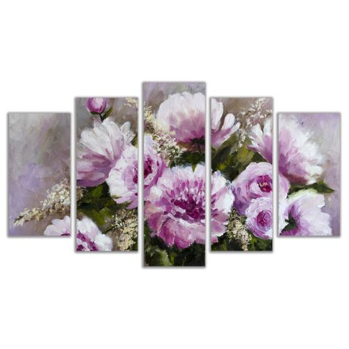 0258_1 Wall art decoration (set of 5 pieces) Purple flowers