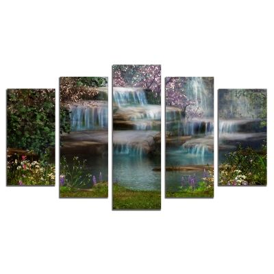0719 Картина-пано от 5 части Приказен водопад