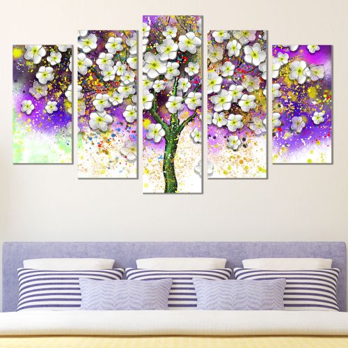 0724 Wall art decoration (set of 5 pieces) White spring flowers